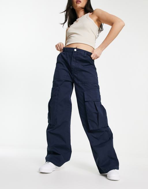 ASOS DESIGN Petite slouchy straight leg pants in navy