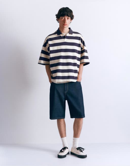 Pull&Bear - Oversized poloskjorte med blå striber og firkantet pasform, 2 af 4