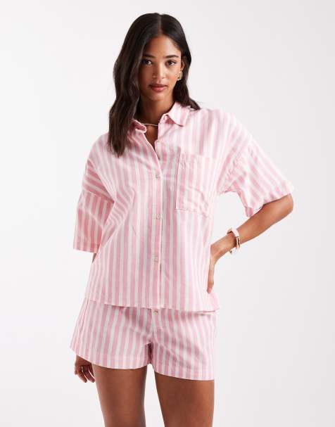 Pull&Bear oversized short sleeve shirt in pink stripe - part of a set - view 1
