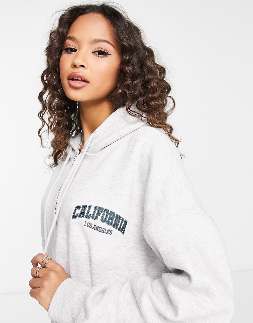 Pull & Bear oversized slogan zip front hoodie in gray - part of a set