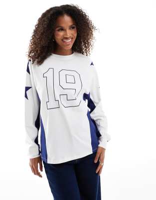 oversized sporty print long sleeve t-shirt in ecru-White