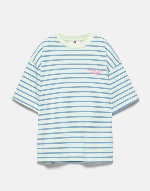 Pull&Bear oversized stribet T-shirt i blå/hvid, 5 af 7