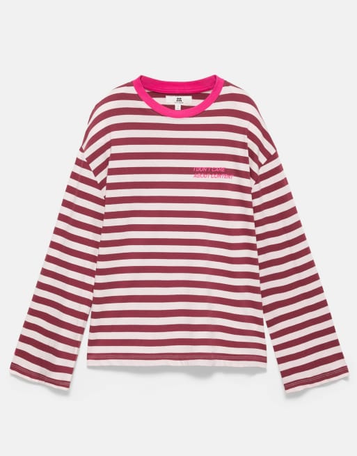 Pull&Bear oversized stribet T-shirt med slogan i lys pink, 3 af 5