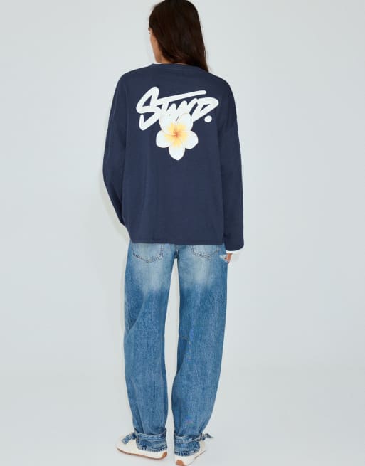 Pull&Bear oversized stwd blomstret T-shirt i navy, 2 af 7