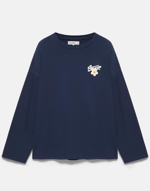 Pull&Bear oversized stwd blomstret T-shirt i navy, 5 af 7