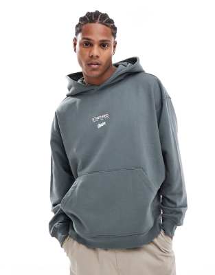 Pull & Bear Oversized Stwd Records Back Printed Hoodie In Washed Green