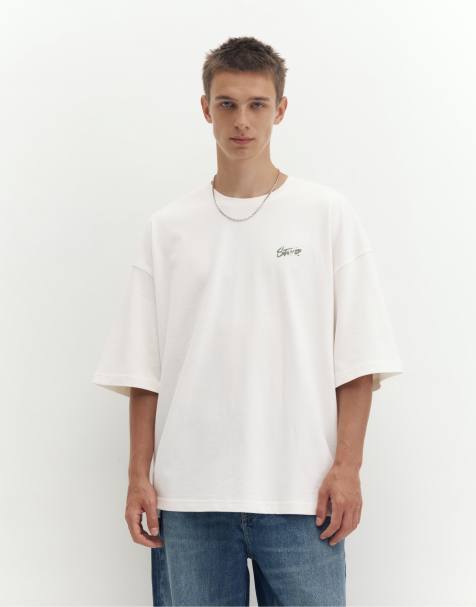 Pull&Bear oversized stwd T-shirt i råhvid - view 1