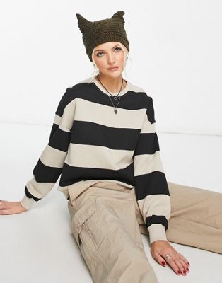 Pull&Bear oversized sweatshirt in black & ecru stripe