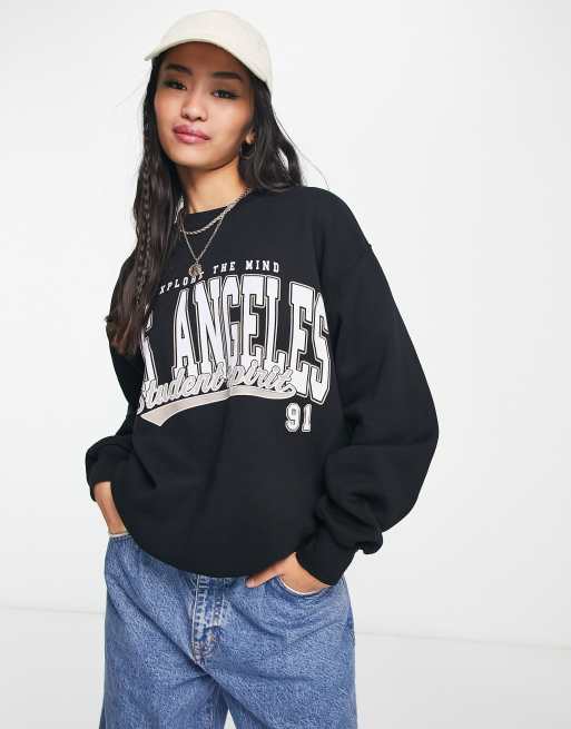 Pull&Bear - Oversized sweatshirt met ronde hals en Los Angeles slogan in zwart