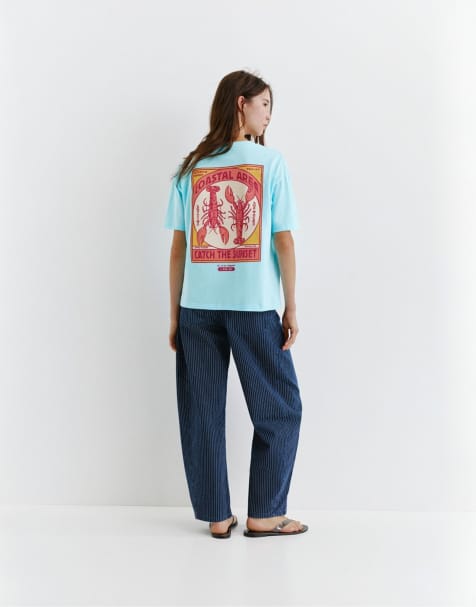 Pull&Bear - Oversized T-shirt met grafische kreeftprint in turquoise - view 1