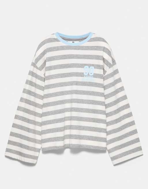 Pull&Bear oversized T-shirt met grafische print en strepen in grijs gemêleerd, 5 van 7