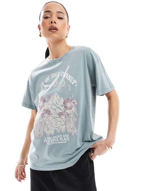 Pull&Bear - Oversized T-shirt met grafische print in blauw met wassing