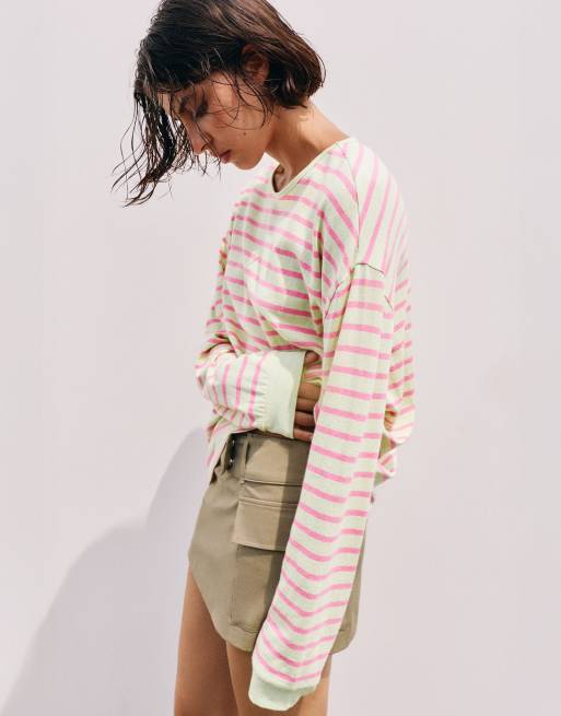 Pull&Bear oversized T-shirt met lange mouwen en strepen in lime, 4 van 7