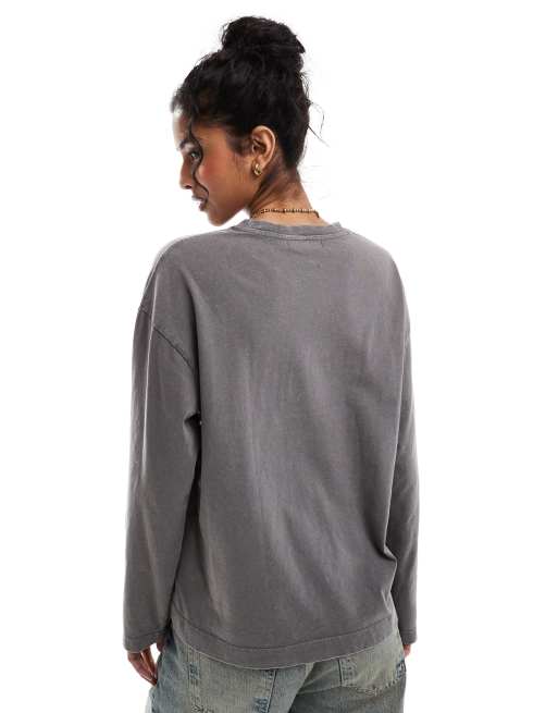 Pull&Bear - Oversized T-shirt met lange mouwen in donkergrijs met wassing, 4 van 4