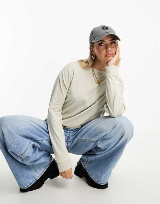 Pull&Bear - Oversized T-shirt met lange mouwen in stone