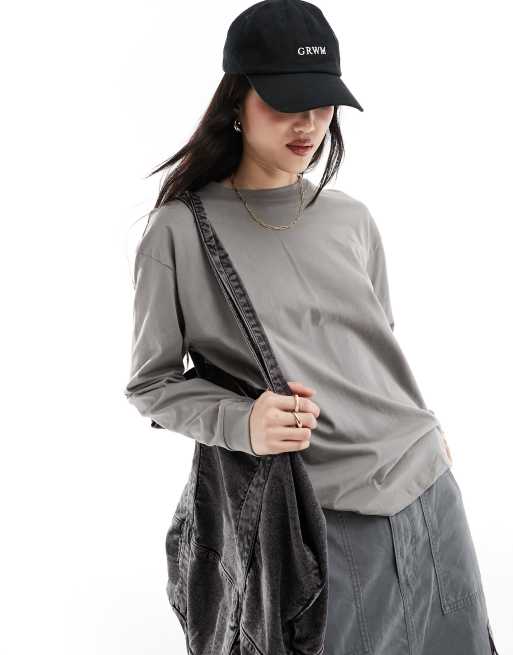 Pull&Bear - Oversized T-shirt met lange mouwen in vaalgrijs