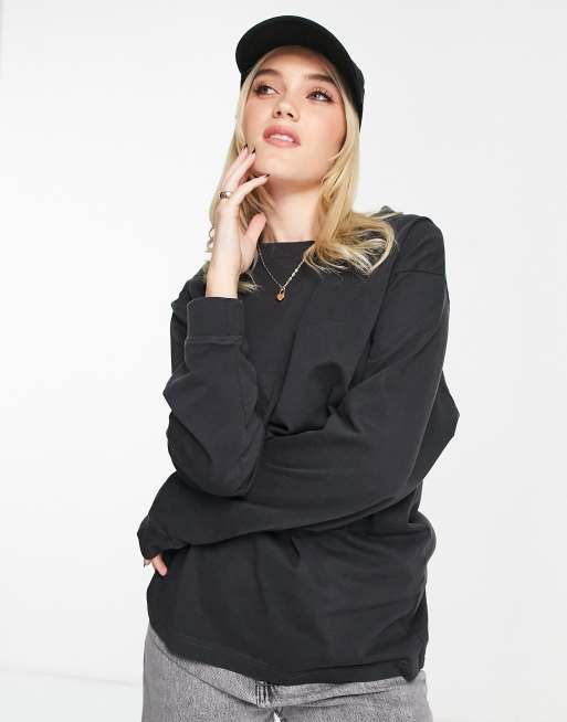 Pull&Bear - Oversized T-shirt met lange mouwen in zwart met wassing