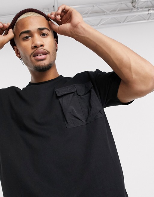 Pull&Bear oversized t-shirt with utility pocket in black