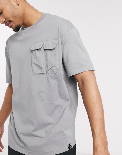 Pull&Bear oversized t-shirt with utility pocket in grey