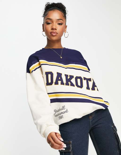 Pull Bear oversized varsity sweatshirt in ecru with contrast navy detail