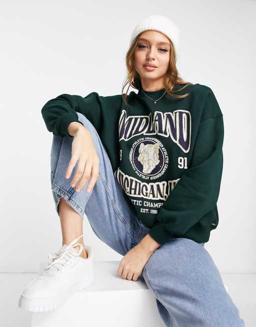 Pull&Bear oversized varsity sweatshirt in khaki