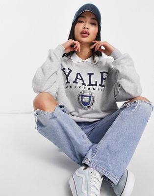 Pull&Bear oversized yale varsity sweatshirt with collar in grey