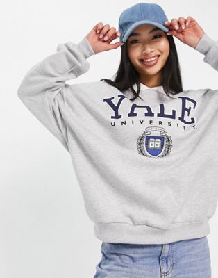 Pull&Bear oversized yale varsity sweatshirt with collar in grey