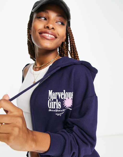 Pull Bear oversized zip front hoodie with slogan detail in navy ASOS