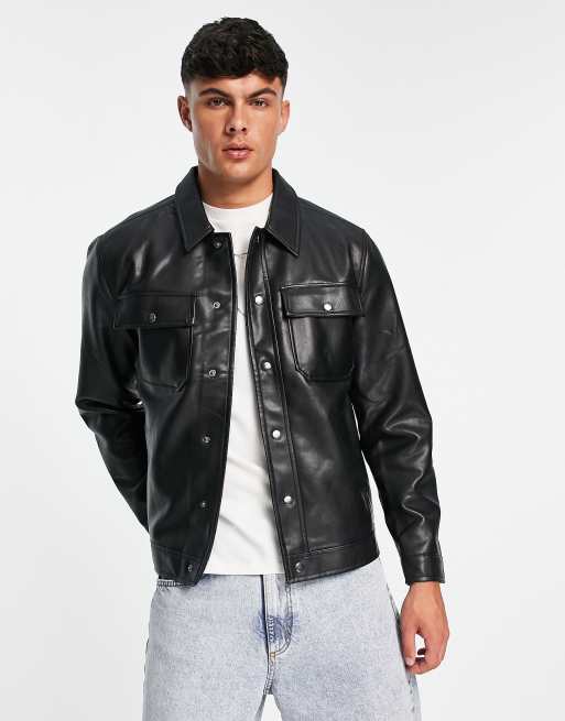 Pull & Bear - Overskjorte i sort imiteret læder