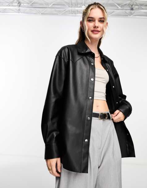 Pull & Bear - Overskjorte i sort imiteret læder - view 1