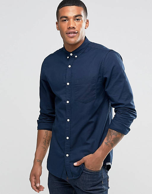 Pull&Bear Oxford Shirt In Navy Blue In Regular Fit | ASOS
