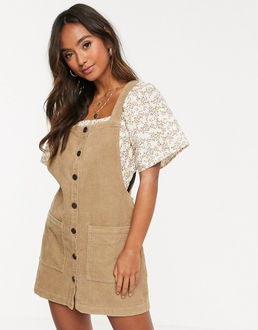 Pull&Bear Pacific cord dungaree dress in tobacco