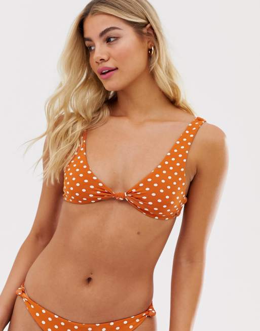 Pull&Bear Pacific polka dot knot front bikini top in brown, 4 of 4