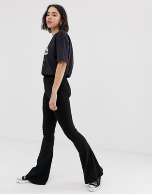 Pull&Bear pacific ribbed jersey flare pants in black