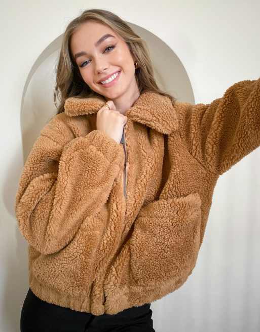 Pull Bear pacific teddy zip front jacket in brown ASOS