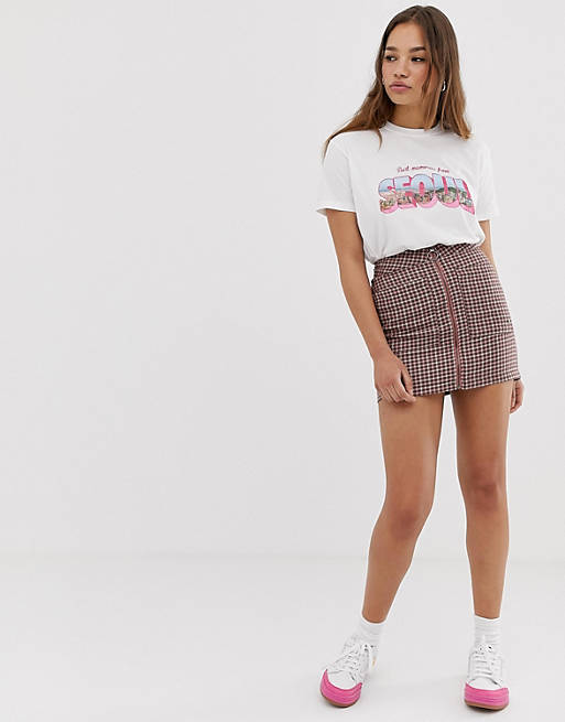 Pull&Bear pacific zip front skirt in pink gingham | ASOS