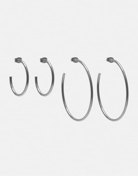 Pull&Bear Pack of 2 basic hoop earrings in silver - view 1