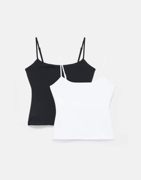 Pull&Bear Pack of 2 tops with thin straps in white/black - view 1