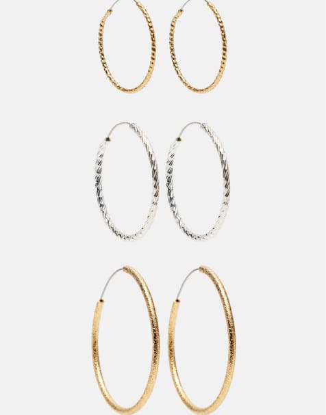 Pull&Bear Pack of 3 textured hoop earrings in gold and sliver - view 1