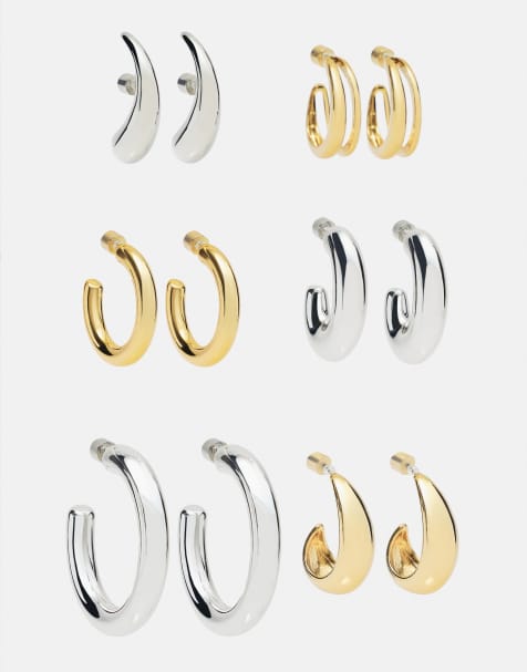 Pull&Bear Pack of 6 basic hoops in gold - view 1