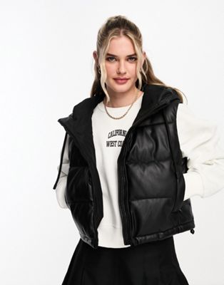 Pull&Bear padded faux leather gilet with hood in black