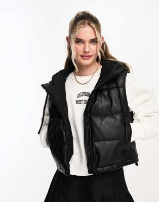 Pull & Bear Padded Faux Leather Vest With Hood In Black