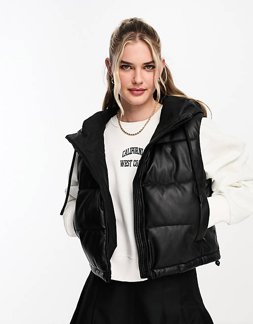 Pull&Bear padded faux leather vest with hood in black | ASOS