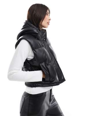 Pull & Bear Padded Faux Leather Vest With Hood In Black