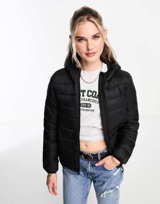 Pull&Bear padded hooded coat in black