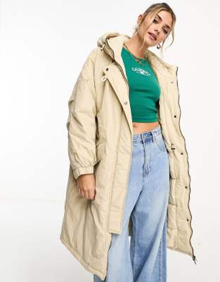 Pull&Bear padded longline coat with toggle detail in stone