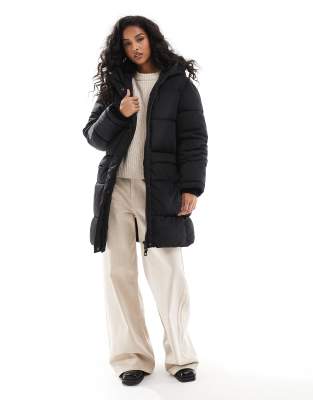 padded longline puffer coat with hood in black