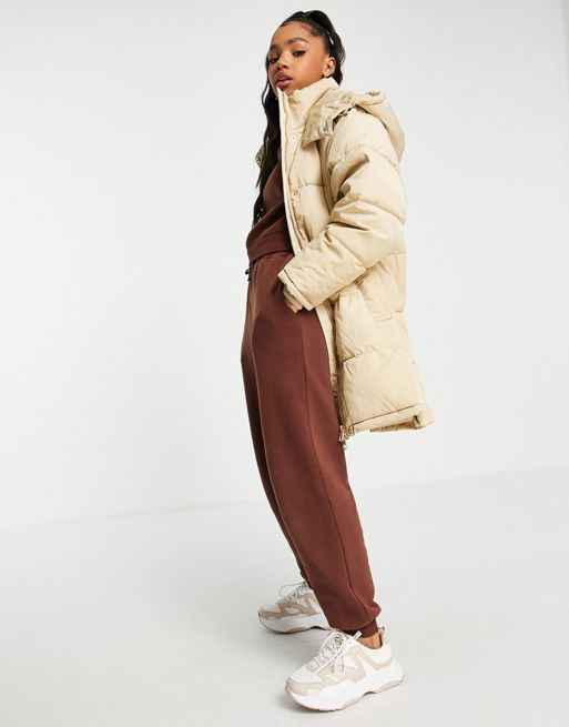 Pull&Bear padded puffer coat with hood in camel | ASOS