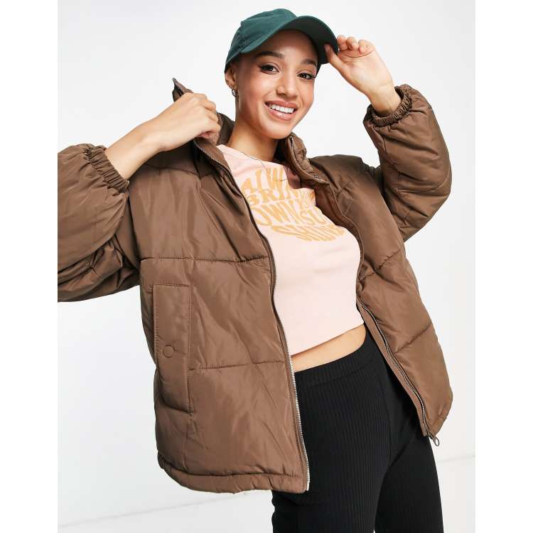 Pullu0026Bear padded puffer jacket in dark brown | ASOS