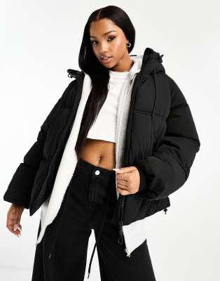 Pull&Bear padded puffer jacket with hood in black